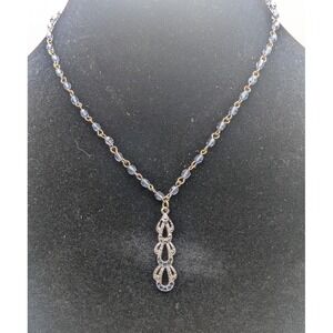 Sparkling Blue Crystal Dangle Necklace Silver Tone Chain Extender READ